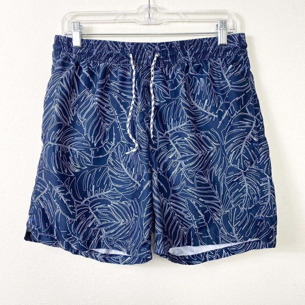 Men’s Navy Blue & White Tropical Leaf Pattern Swim Trunks Board Shorts Size S